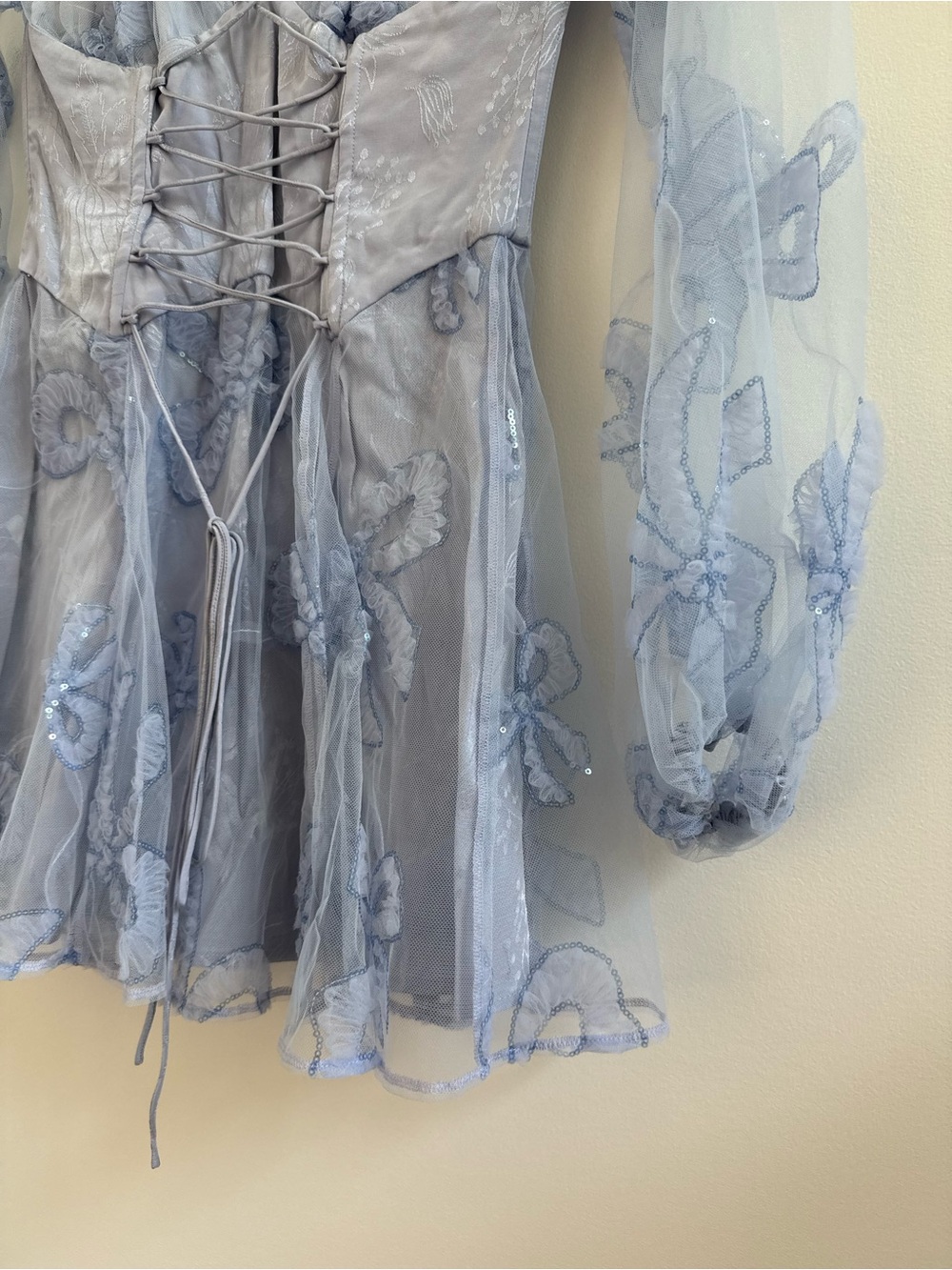 For Love & Lemons Pale Blue Floral Lace-Up Mesh Mini Dress - Picture 2 of 6